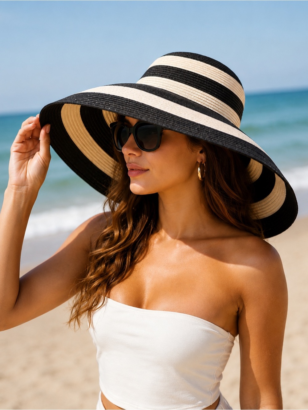 Women’s Black and White Stripe Wide-Brim Sun Hat